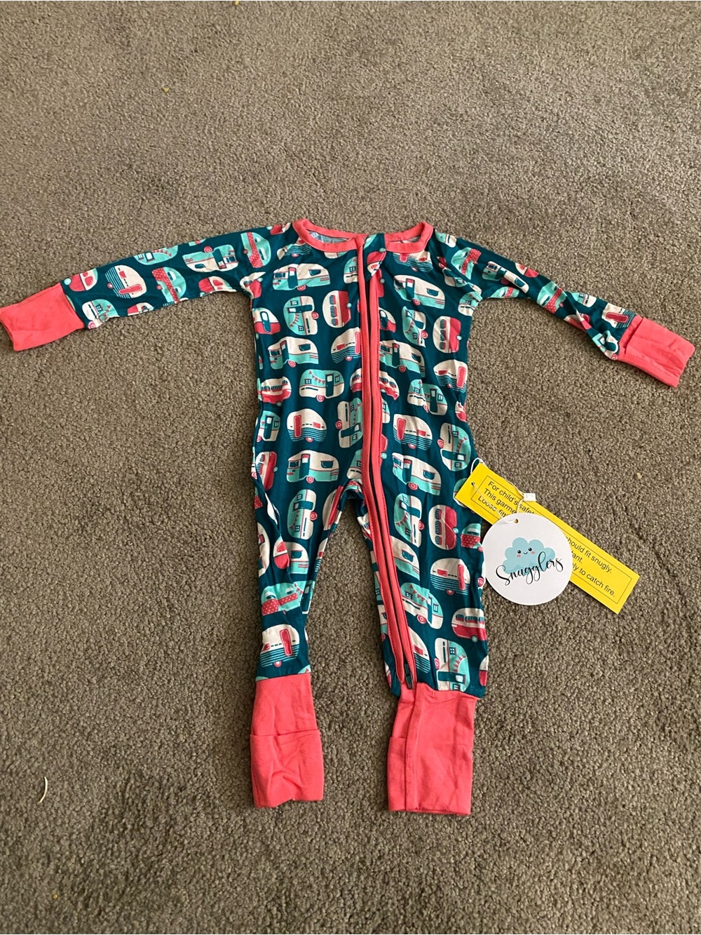 Baby Bamboo Teal Camper Print Sleeper with Coral Trim